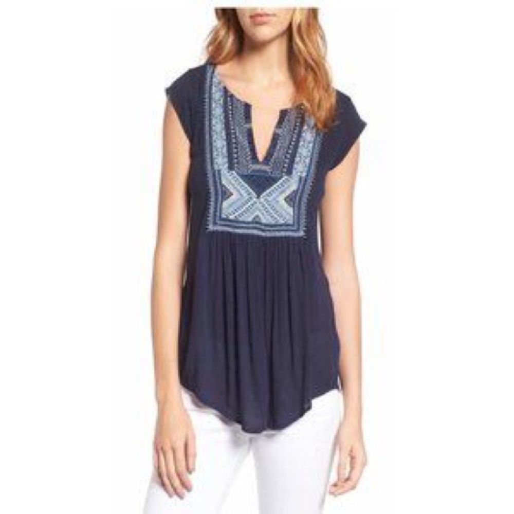 Lucky Brand Blue Boho Split Neck Embroidered Top (Sz XLarge)